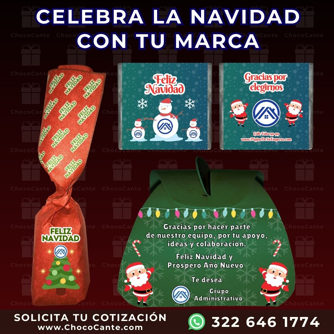 Chocolates navideños con mensaje y  logo de empresa personalizados
